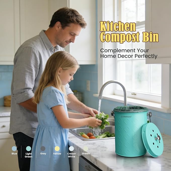 AOSION Countertop Compost Bin Kitchen,Odorless Indoor Compost Bin with Lid | 1 Gallon Composter Container,Removable Inner Bucket,50 Compost Bags,2 Carbon Filters,ideal for food scraps,coffee grounds