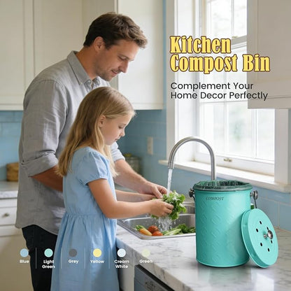 AOSION Countertop Compost Bin Kitchen,Odorless Indoor Compost Bin with Lid | 1 Gallon Composter Container,Removable Inner Bucket,50 Compost Bags,2 Carbon Filters,ideal for food scraps,coffee grounds
