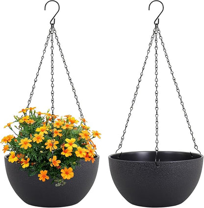 Meowell 8 inch Small Hanging Planters Plant Pots for Indoor Outdoor Plants, 2 Pack Hanging Flower Pots with Drainage Holes and Chain for Garden Porch, Plastic Hanging Baskets for House Plants, Black