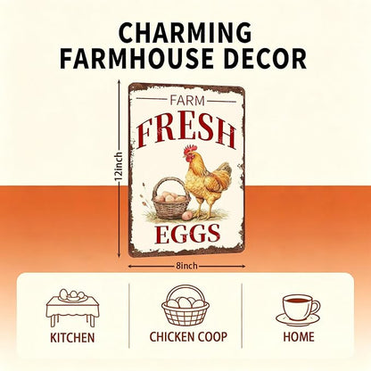 Metal Signs Farm Fresh Eggs Chicken Vintage Tin Sign for Farmhouse Chicken Coop Farm Kitchen Wall Decor 12x8 Inch