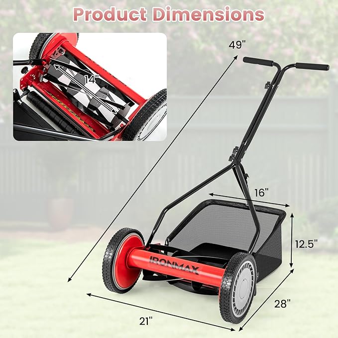 IRONMAX Lawn Mower, 14 Inch Push Reel Lawn Mower with 5 Steel Blades, Adjustable Cutting Heights, Grass Catcher Bag, Walk-Behind Manual Lawnmower for Garden Park Yard, No Motor (Red, 14 Inch)