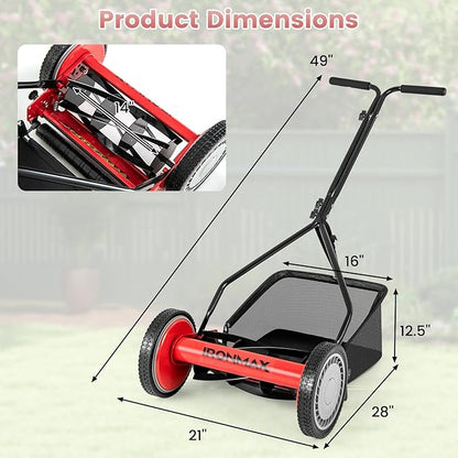 IRONMAX Lawn Mower, 14 Inch Push Reel Lawn Mower with 5 Steel Blades, Adjustable Cutting Heights, Grass Catcher Bag, Walk-Behind Manual Lawnmower for Garden Park Yard, No Motor (Red, 14 Inch)