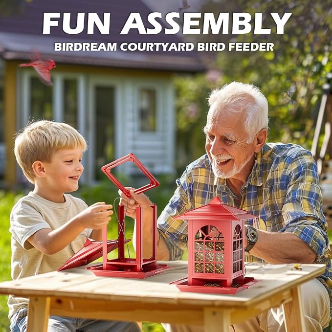 Birdream 2 Pack Bird Feeders for Outdoor Hanging, Assembly Required, 1-Min Easy Setup, Classic Courtyard Design, Attracting Cardinals Chickadees Goldfinches & Sparrows - Red
