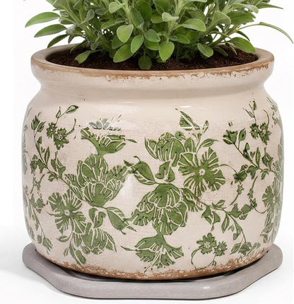 Tuscan Ceramic Planter with Decorative Tray, Plant Lover Gifts for Women | 7.7" Large Indoor Flower Pot, Handmade Retro Crackled Plant Pot, Cottage Country Home Decor, Gardening Gifts