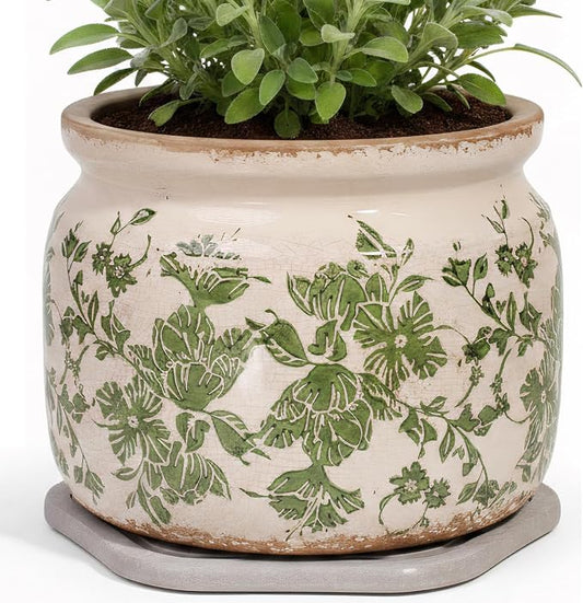 Tuscan Ceramic Planter with Decorative Tray, Plant Lover Gifts for Women | 7.7" Large Indoor Flower Pot, Handmade Retro Crackled Plant Pot, Cottage Country Home Decor, Gardening Gifts