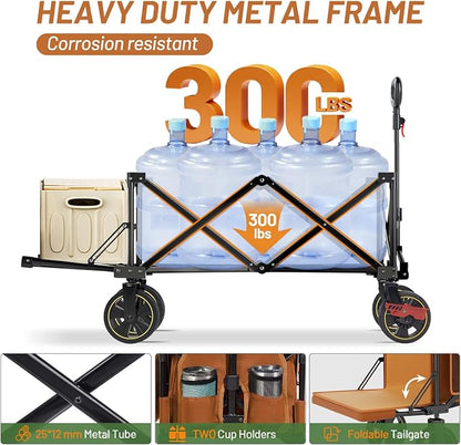Timber Ridge 49" Extra Long Collapsible Folding Wagon with Tailgate and Brakes, 250L Capacity All-Terrain Wagon Carts Foldable, 300lbs Portable Cart for Dog, Garden, Outdoor Camping Sports, Orange