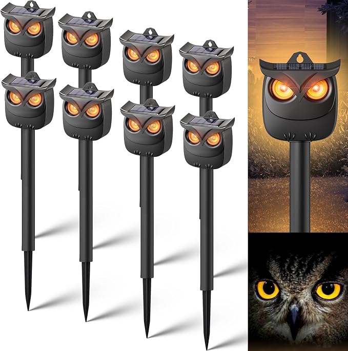 8 Pack Solar Owl Animal Repeller Outdoor for Raccoon, Deer & Squirrel Cat, Night-Only Breathing Mode Light Deterrent, Mini Hanging Predator Scare Device, Waterproof for Garden Yard Tree Shed