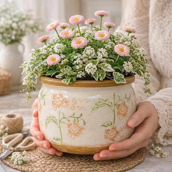 Vintage Ceramic Flower Pots - Indoor Outdoor Planters with Drainage Holes & Filter Screen, 6.5’’& 9’’ Rustic Farmhouse Decorative Plant Pots for Garden/Patio