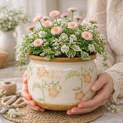 Vintage Ceramic Flower Pot - Indoor Outdoor Planters with Drainage Holes & Filter Screen, 9’’ Large Rustic Farmhouse Decorative Plant Pots for Garden/Patio/Balcony (Daisy Bouquets, Large)