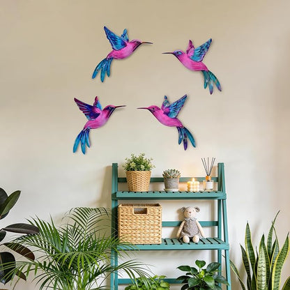 4 Pack Metal Hummingbird Wall Art Decor - 3D Colorful Birds Outdoor Wall Art,Hanging Decoration for Patio, Garden, Balcony and Fence (B)