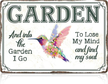 Hummingbird Floral Gardening Metal Tin,And Into The Garden Sign | Funny Garden Wall Art for Porch Garden Yard Patio Fence Yard Indoor Outdoor Wall Decor