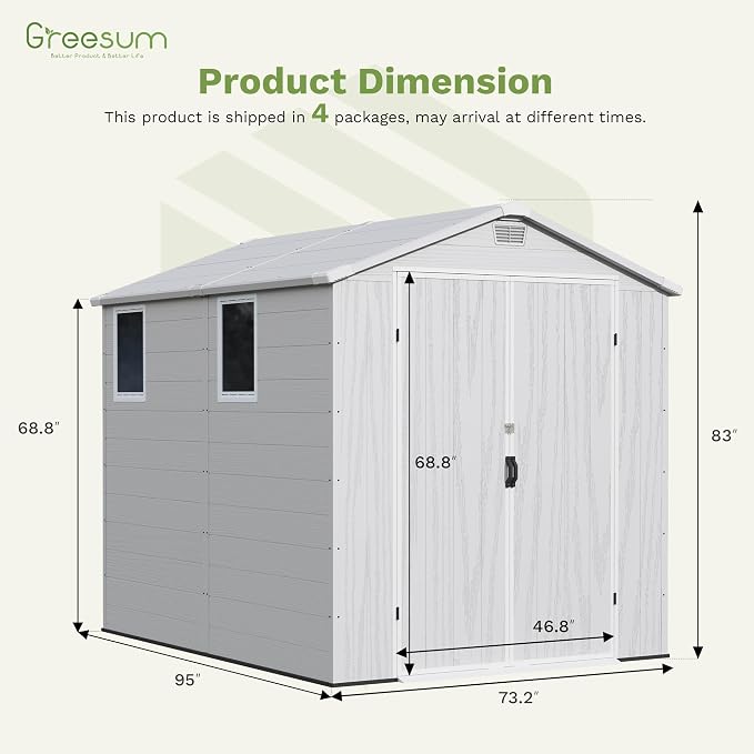 Greesum 6x8FT Plastic Outdoor Storage Shed with Floor, Resin Sheds with Lockable Double Door, Tool Sheds with Window and Vents, for Garden, Yard, Patio, Light Gray
