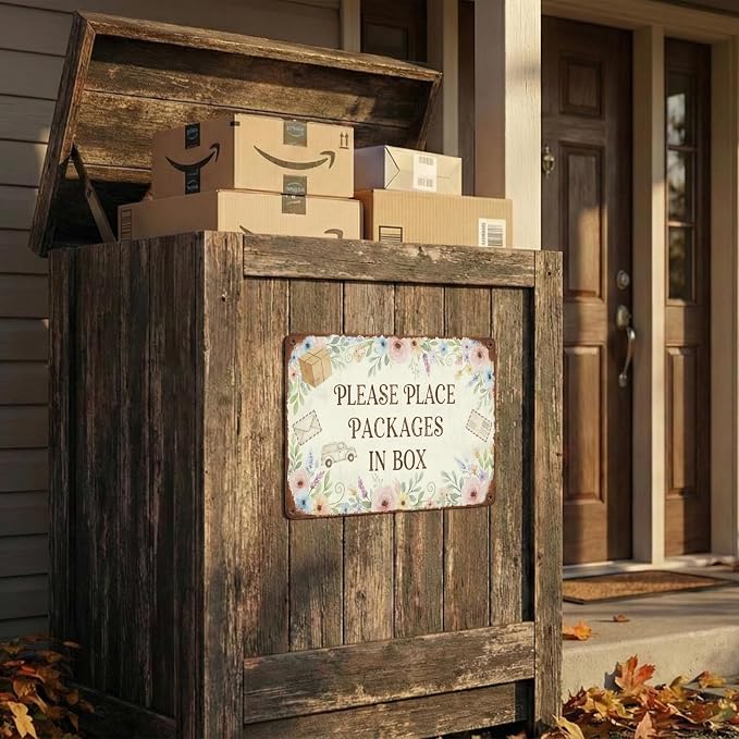 Garden Decor Delivery Sign Please Place Packages in Box Porch Decor | Homeowners • Front Door Display • Garden Theme • Floral Rustic Style • UV Printed • 8x12 Inch
