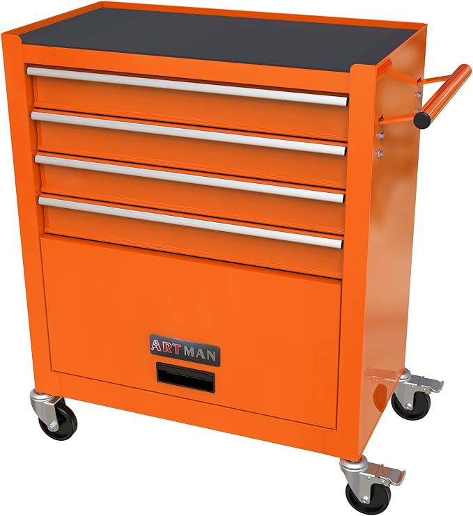 YOPTO Multifunctional Cart with 4 Ball-Bearing Drawers,Portable Rolling Tool Chest W/ 4 Wheels and Pull Handle,for Garage,Warehouse,Workshop,Repair Shop,Orange