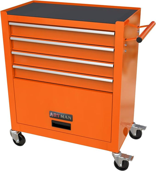 YOPTO Multifunctional Cart with 4 Ball-Bearing Drawers,Portable Rolling Tool Chest W/ 4 Wheels and Pull Handle,for Garage,Warehouse,Workshop,Repair Shop,Orange