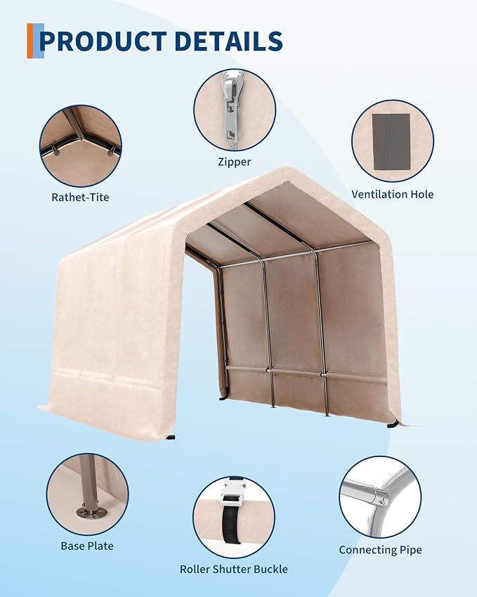 10X15 Ft Heavy-Duty Portable Outdoor Storage Shed with Roll-Up Door & Vent, 240g Waterproof PE Tarp & UV Protection, Carport Storage Shelter for Motorcycles, Firewood, Garden Tools - Khaki
