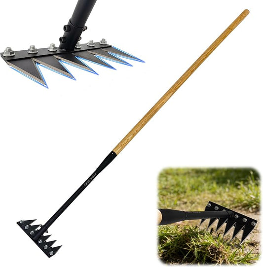 Gardenia Weeding Rake 2.0,60" Forged Iron Weeding Rake with Exclusive Double-Edged Thickened 6-Tines & Long Wooden Handle – Perfect for Gardens and lawns