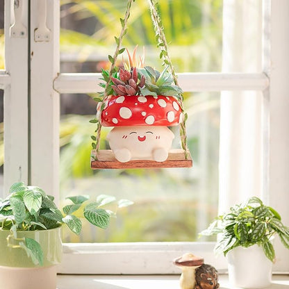 Cute Mushroom Decor for Outdoor Garden: Gardening Plant Gifts for Women Mother Plant Lovers - 3.9inch Opening Cute Smiley Hanging Planter Pot with Drainage for Pearls Succulents