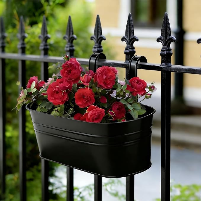 RIOGOO Flower Pots Metal Iron Hanging Flower Pots Garden Pots Balcony Planters Metal Bucket Flower Holder Wall Hanging Decorative Pot - Removable Hook (4 Pieces) (Black)
