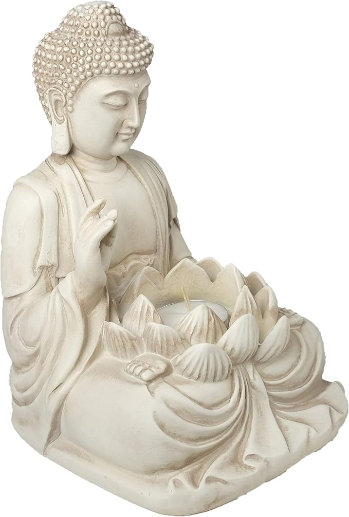 Buddha Tealight Candle Holder Statue – 8.5” Tall Polyresin - Zen Home and Garden Decor - Includes 3pcs Tea Lights and Free Candle Snuffer for Office, Indoor, Outdoor Decoration