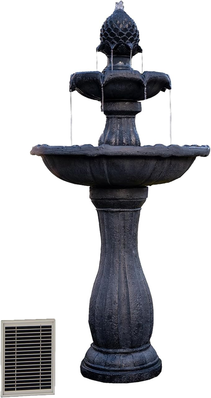 XBrand 44" Solar Powered Outdoor Fountain, Elegant 2-Tier Cascading Water Feature, Fiberglass Resin Garden & Patio Fountain with Solar Panel - Black