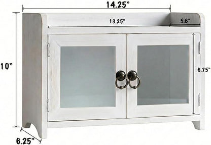 COLLECTIVE HOME - Storage Cabinet, Mini Countertop Cabinet, Distressed Wood Organizer for Kitchen Living Room Bedroom Bathroom Office with Magnetic Door, 14.5 x 6.5 x 10 (White)