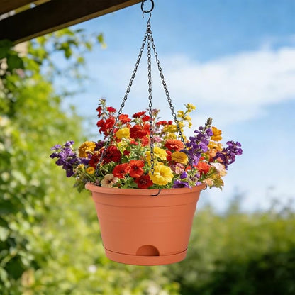 Nooulap 4 Pack Hanging Planters, 10 Inch Hanging Plant Pot, Red | Indoor Outdoor Hanging, with 40cm Chain, Rotatable Removable Tray, Bottom Drainage Available, Two Ways Watering