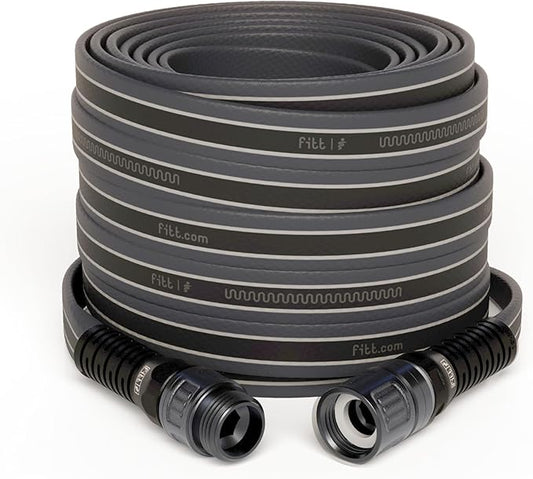 FITT Force Pro Water Hose, Lightweight Ultra Flexible Durable Kink-Free Heavy-Duty Commercial Grade Flat Garden Hose, Grey and Blue, 100-Feet x 5/8-Inch