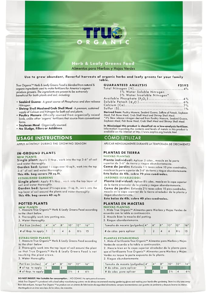 True Organic Herb & Leafy Greens Food – Organic Fertilizer for Abundant Herbs and Greens – 4lb Bag Covers 70 Sq. Ft.