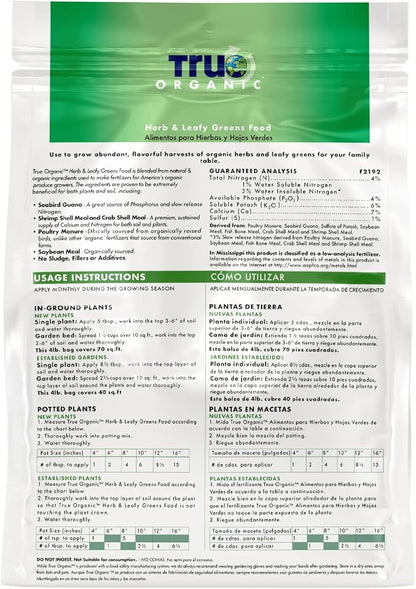 True Organic Herb & Leafy Greens Food – Organic Fertilizer for Abundant Herbs and Greens – 4lb Bag Covers 70 Sq. Ft.