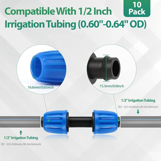 RedChili 10 Pcs 1/2 Inch Irrigation Tubing Coupling Fittings, (1/2" ID x0.6-0.65" OD) 16mm Drip Tubing Barbed Locked Nuts Connectors Anti-Drop 1/2" Coupler Parts for Garden Lawn Irrigation System
