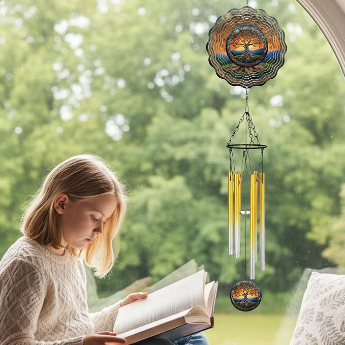 Tree of Life Wind Chimes - Metal Windchime with Spinners Outdoor | Garden Patio Yard Decor Indoor Balcony Home Hanging Christmas New Year Housewarming Birthday Gift for Women Mom Grandma Wife