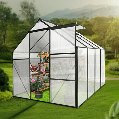 6x8 FT Greenhouse, Walk-in Polycarbonate Greenhouses with Sliding Doors, Aluminum Frame, Adjustable Roof Vent, Raised Base & Anchor, Outdoor Backyard Greenhouse for All Seasons, Black