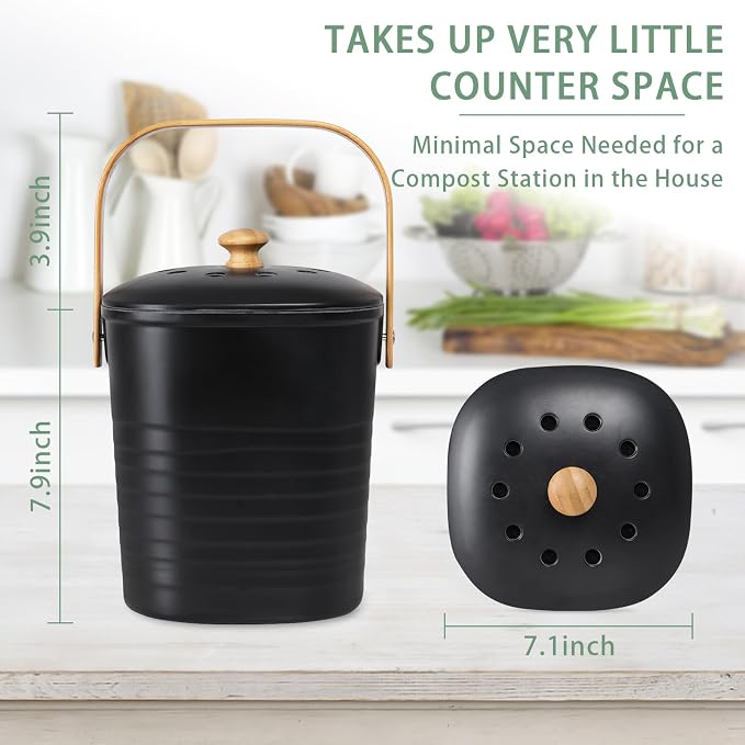 MUMTOP Bamboo Fiber Compost Bin Kitchen Countertop Compost Bin with lid – Small Compost Bin Made of Sustainable Bamboo Fiber Includes Charcoal Filter