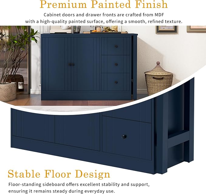 Merax Modern Wood Buffet Storgae Cabinet with Extendable Table, Buffet Coffee Bar Sideboard w/ 2 Doors and 3 Drawers for Living Room Dinning Room Kitchen Navy Blue