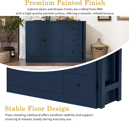 Merax Modern Wood Buffet Storgae Cabinet with Extendable Table, Buffet Coffee Bar Sideboard w/ 2 Doors and 3 Drawers for Living Room Dinning Room Kitchen Navy Blue