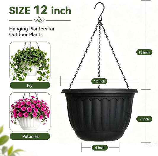 YIKUSH 12 Inch Hanging Planters for Outdoor Plants, 2 Pack Plastic Hanging Flower Pots with Drainage Hole & Tray, Hanging Basket Style Pots for Porch Patio Balcony Decor (Black)