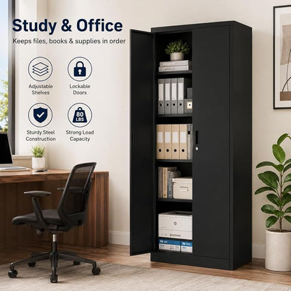 71" Black Metal Storage Cabinet with Lock & Adjustable Shelves - Heavy Duty Garage, Pantry & Office Cabinet with Adjustable Feet, 4 Shelves & Doors for Home Organization