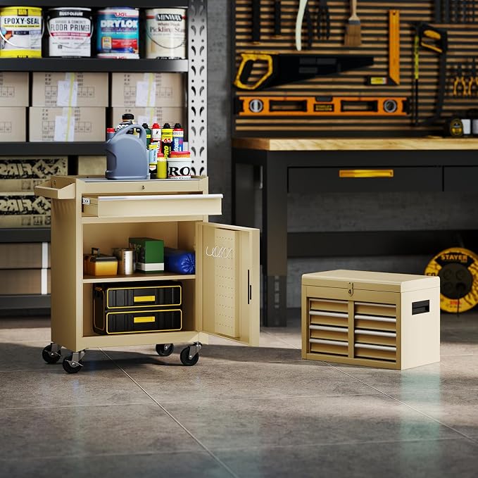 Goplus Tool Chest, 5 Drawers Rolling Tool Cabinet with Detachable Top Toolbox, Universal Lockable Wheels, Lock Bar, Protective Liner & Tool Rack, Metal Tool Storage Cart, Tool Box for Garage Workshop