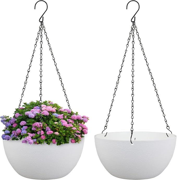 Meowell 8 inch Small Hanging Planters for Indoor Outdoor Plants, 2 Pack Hanging Flower Pots with Drainage Holes and Chain for Garden Porch, Plastic Hanging Baskets for House Plants, White