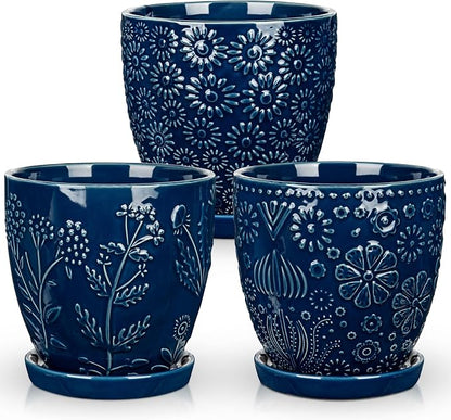 Hollyone Set of 3 Blue Ceramic Planter 6 Inch Flower Plant Pot with Drainage Hole and Saucer for Plants Embossed Indoor Outdoor Garden Embossed Ceramic Glazed Round Pot for Succulent Orchid