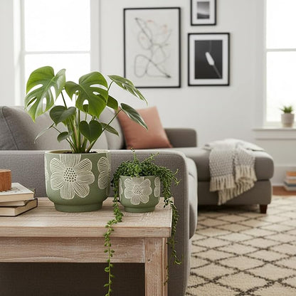YBX 8 Inch + 6 Inch White Flower Pattern Plant Pots, Sand Glazed Ceramic Planter with Drainage Hole, Flower Pots for Indoor Plants, Green