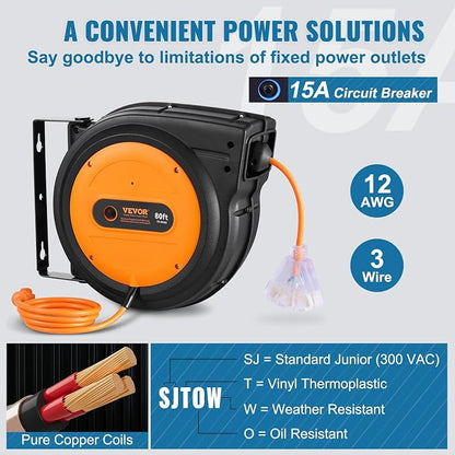 VEVOR Retractable Extension Cord Reel, 80 FT, Heavy Duty 12AWG/3C SJTOW Retractable Power Cord with Lighted Triple Tap Outlet, 15 Amp Circuit Breaker 180° Swivel Bracket for Ceiling or Wall Mount