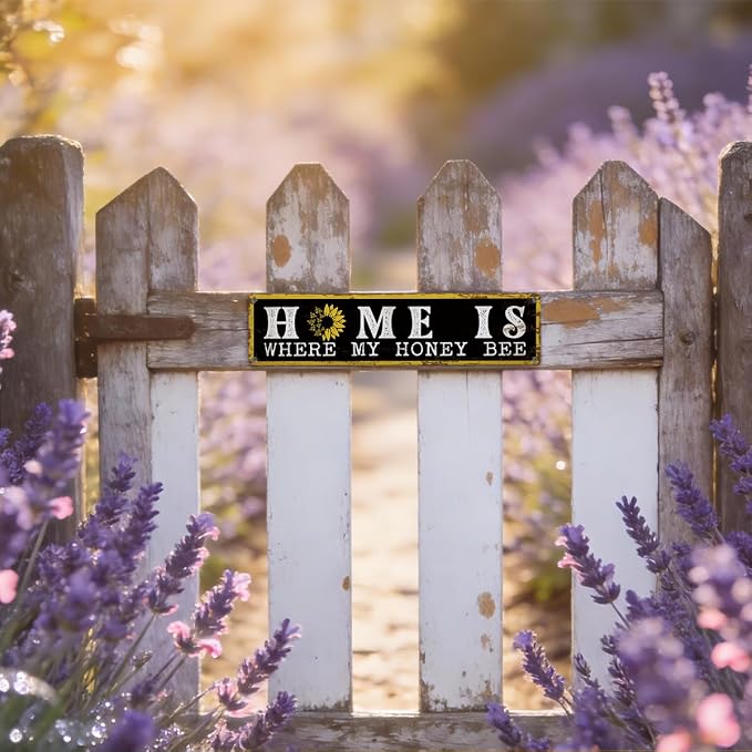 Garden Metal Tin Sign Bee Decor, Vintage Farmhouse Wall Art, Home Is Where My Honey Bee Sign, for Yard Fence Porch, Rustic Outdoor Garden Decoration, Ideal for Honey Lovers, 15.7 x 3.9 Inches