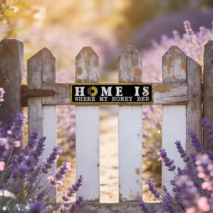 Garden Metal Tin Sign Bee Decor, Vintage Farmhouse Wall Art, Home Is Where My Honey Bee Sign, for Yard Fence Porch, Rustic Outdoor Garden Decoration, Ideal for Honey Lovers, 15.7 x 3.9 Inches