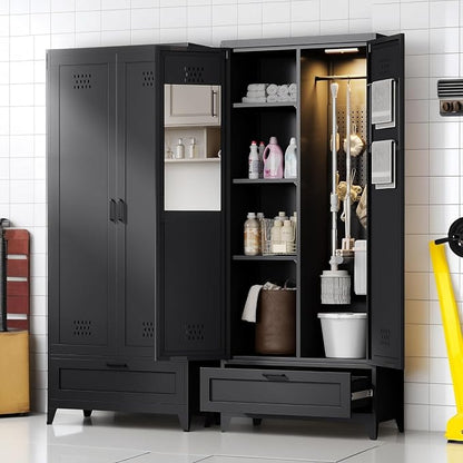 YITAHOME 71" Metal Garage Broom Cabinets with Adjustable Shelves, Vacuum Storage Cabinet with Doors and Drawer, Tool Storage Cabinet for Gym, Basement, Warehouse, Black, Metal | Built-in Pegboard, Adjustable Shelves, Heavy-Duty Metal, for Garage Gym Ba...