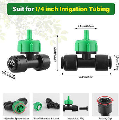 Kalolary 30Pcs Push-to-Fit Drip Irrigation Emitters 1 GPH Pressure Compensating Drippers with Constant Water Flow Drip Irrigation System Parts for 1/4 Inch Irrigation Tubing with 6PCS End Plugs(Green)