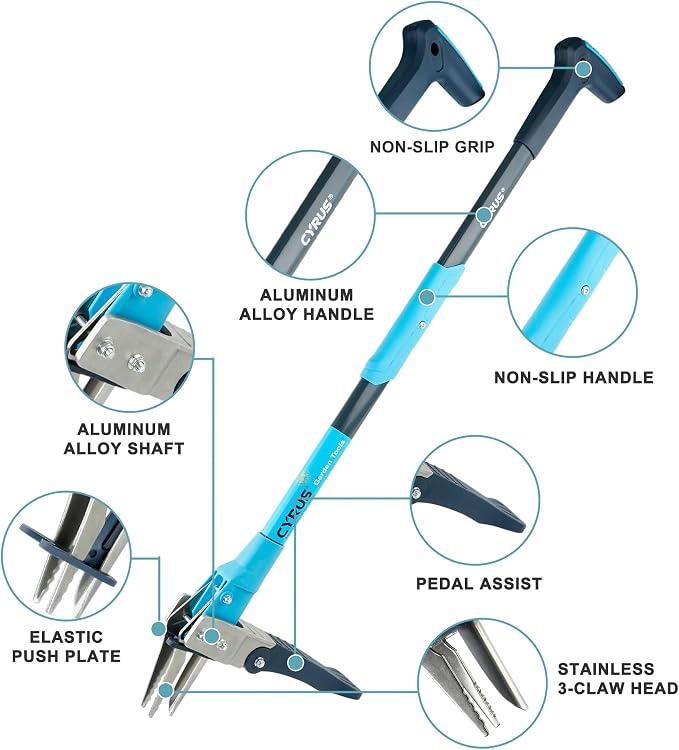 CYRUS 39 Inch 3 Claw Weed Puller Tool Aluminum Handle Weeding Remover | Semi-auto spring for labor-saving weeding, long pole avoids bending, rust-proof metal pulls weeds whole safely