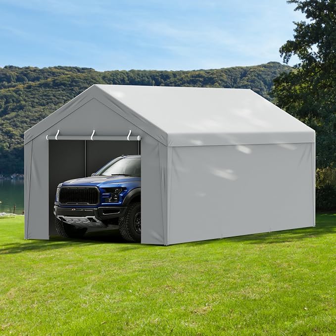 VEVOR Carport Replacement Canopy Cover Top + Side Wall 12 x 20 ft, Garage Tent Shelter Tarp Heavy-Duty Waterproof & UV Protected, Easy Installation with Ball Bungees,Grey (Frame Not Included)