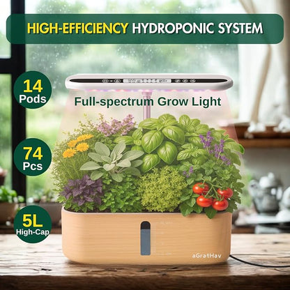 Hydroponics Growing System Kit, Indoor Herb Garden, 14 Pods Upgraded LCD Display, LED Grow Light Quiet Smart Water Pump Automatic Timer, Hydroponic Planter for Home Kitchen Office (White)